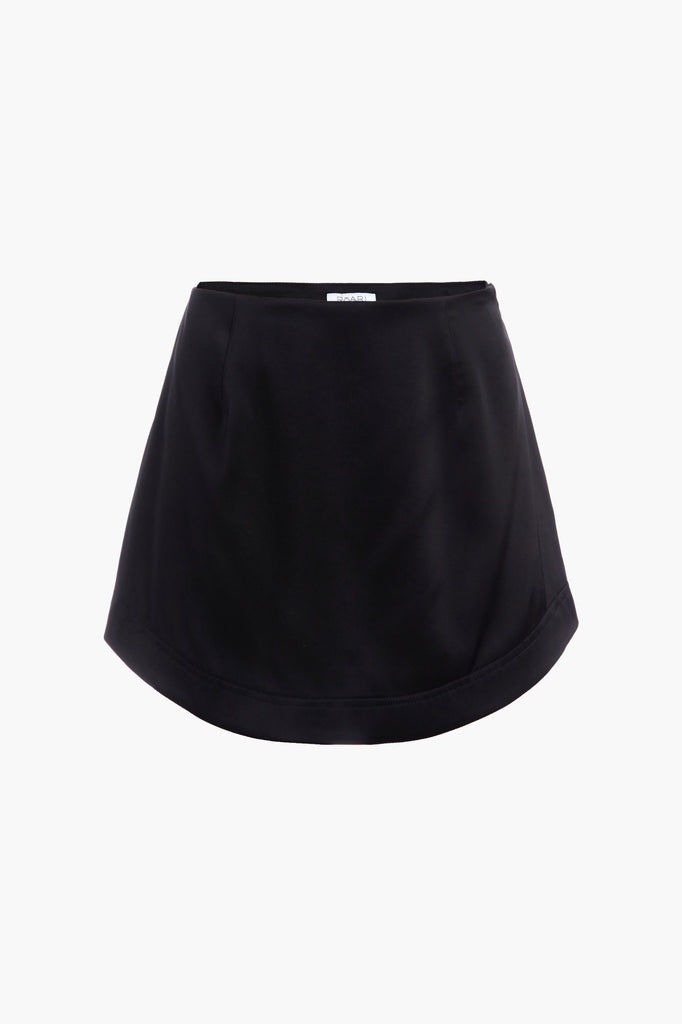 Black STELLA SKIRT This vegan silk mini skirt features a flattering curved front and back. Complete with a concealed side zipper and hook and eye closure. *All sale merchandise is exchangeable for size only.