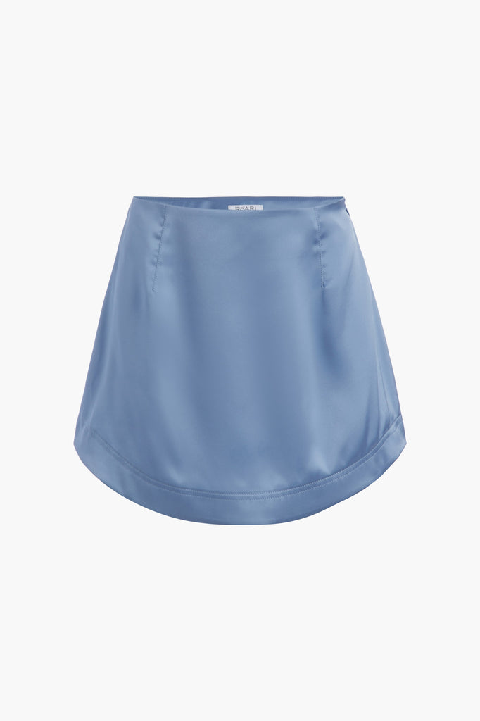 Sky STELLA SKIRT This vegan silk mini skirt features a flattering curved front and back. Complete with a concealed side zipper and hook and eye closure. *All sale merchandise is exchangeable for size only.