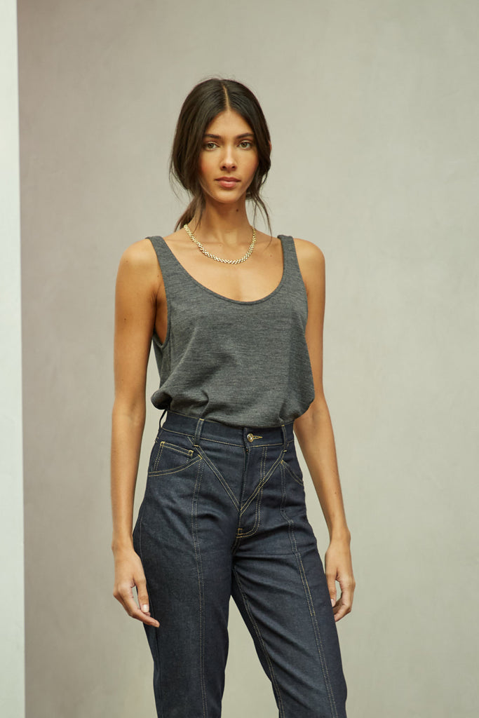 Charcoal Grey Zoey Tank This tank top crafted from premium merino wool features a plunging scoop neckline, low draped back and a lightly sheer finish.Style with The Sarah Stretch Jean