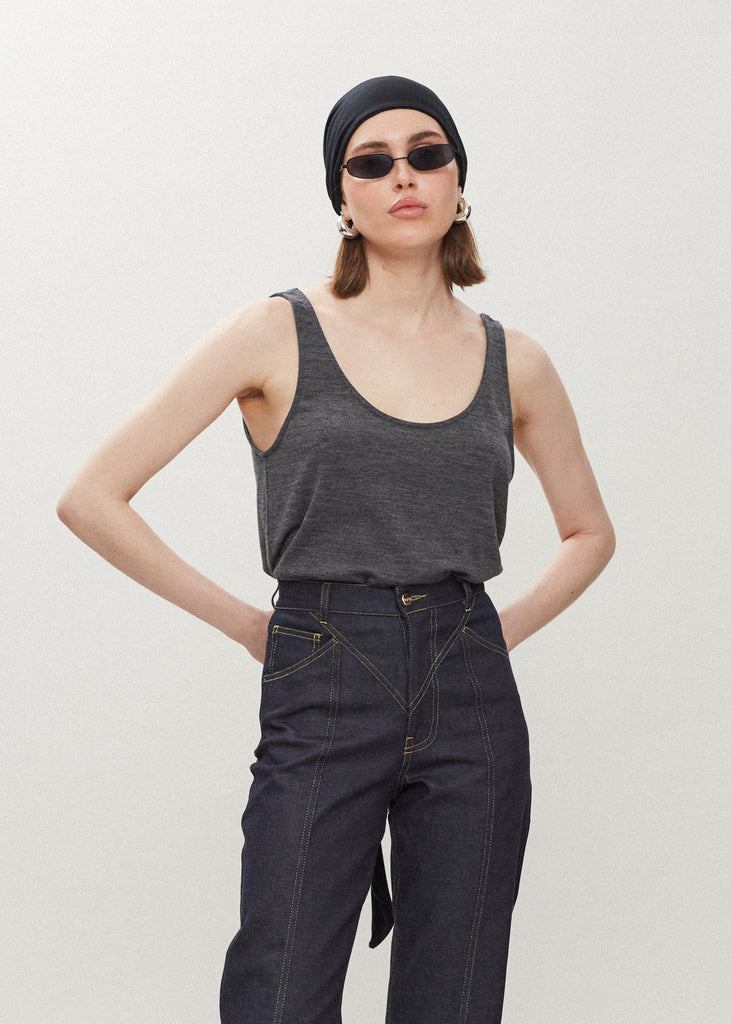 Charcoal Grey Zoey Tank This tank top crafted from premium merino wool features a plunging scoop neckline, low draped back and a lightly sheer finish.