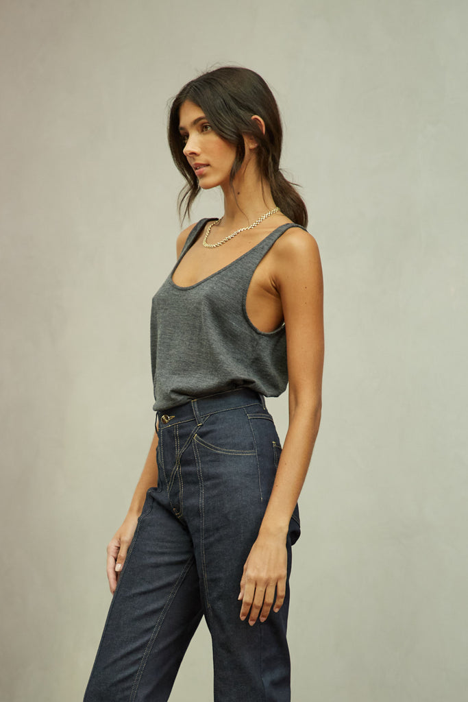 Charcoal Grey Zoey Tank This tank top crafted from premium merino wool features a plunging scoop neckline, low draped back and a lightly sheer finish.Styled with The Sarah Stretch Jean