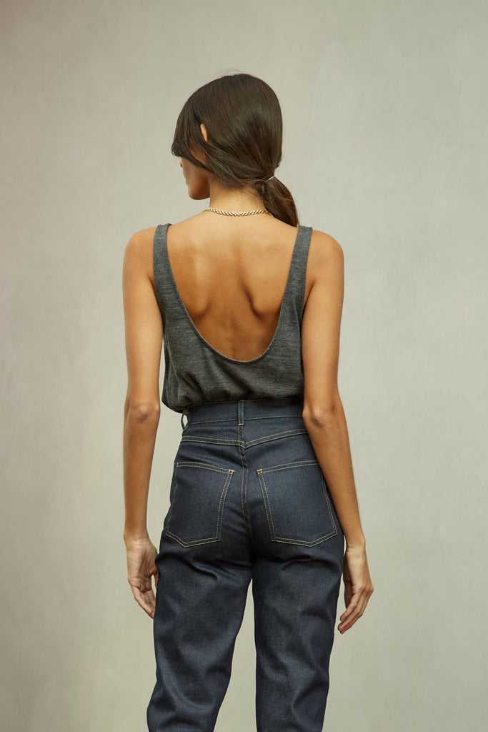 Charcoal Grey Zoey Tank This tank top crafted from premium merino wool features a plunging scoop neckline, low draped back and a lightly sheer finish.Style with The Sarah Stretch Jean