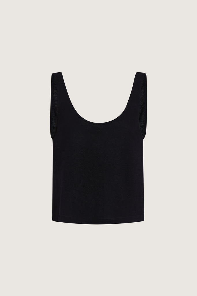 Black Zoey Tank This tank top crafted from premium merino wool features a plunging scoop neckline, low draped back and a lightly sheer finish.Style with The Sarah Stretch Jean