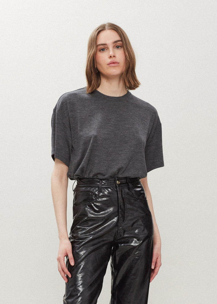 Charcoal Grey Zoey Tee This tee crafted from premium merino wool features an oversized relaxed silhouette and a lightly sheer finish. 