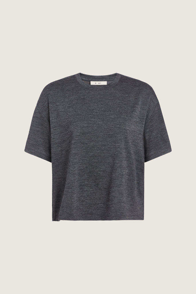 Charcoal Grey Zoey Tee This tee crafted from premium merino wool features an oversized relaxed silhouette and a lightly sheer finish.Styled with The Sarah Stretch Jean